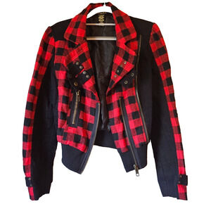 Urbanvibe Buffalo Plaid Moto Jacket Red Black Zip Pockets Wool Blend Biker S